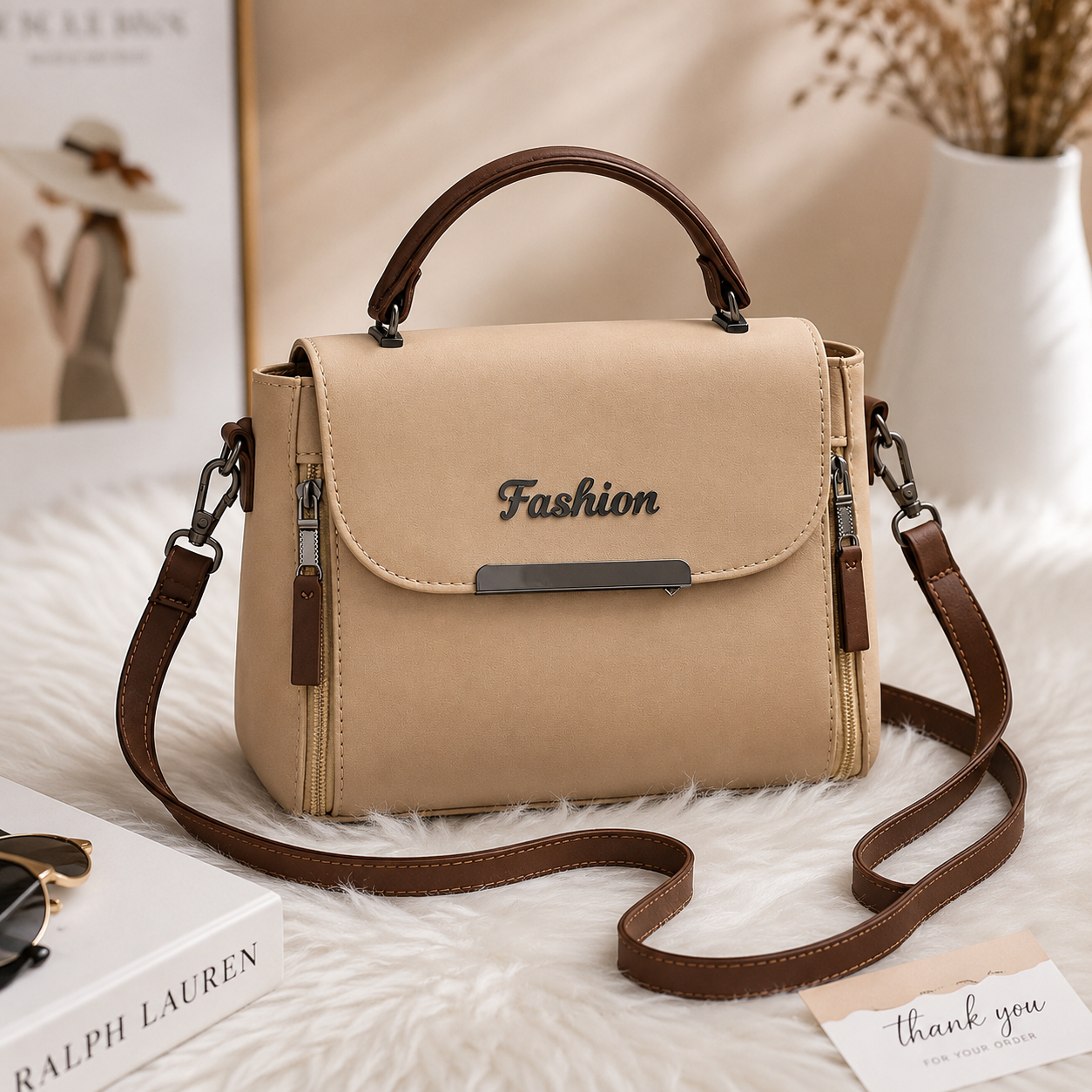 Women's Beige Leather Shoulder Bag with Top Handle – Elegant Everyday Handbag