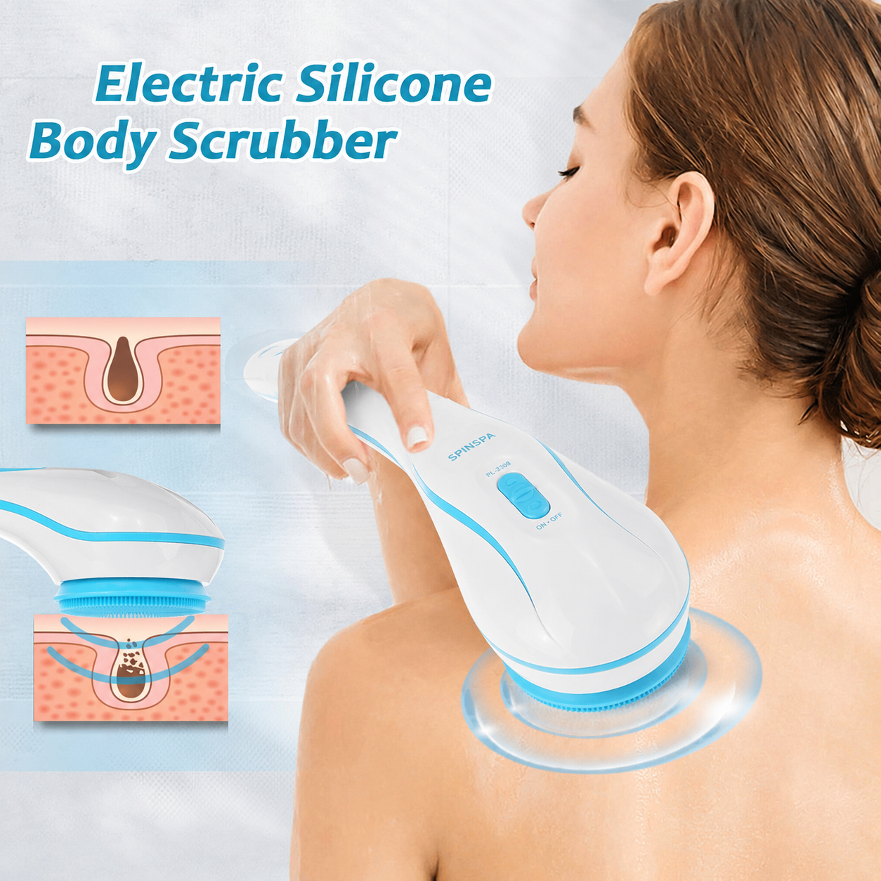 Electric Body Brush with Long Handle, Rechargeable Shower Back Scrubber