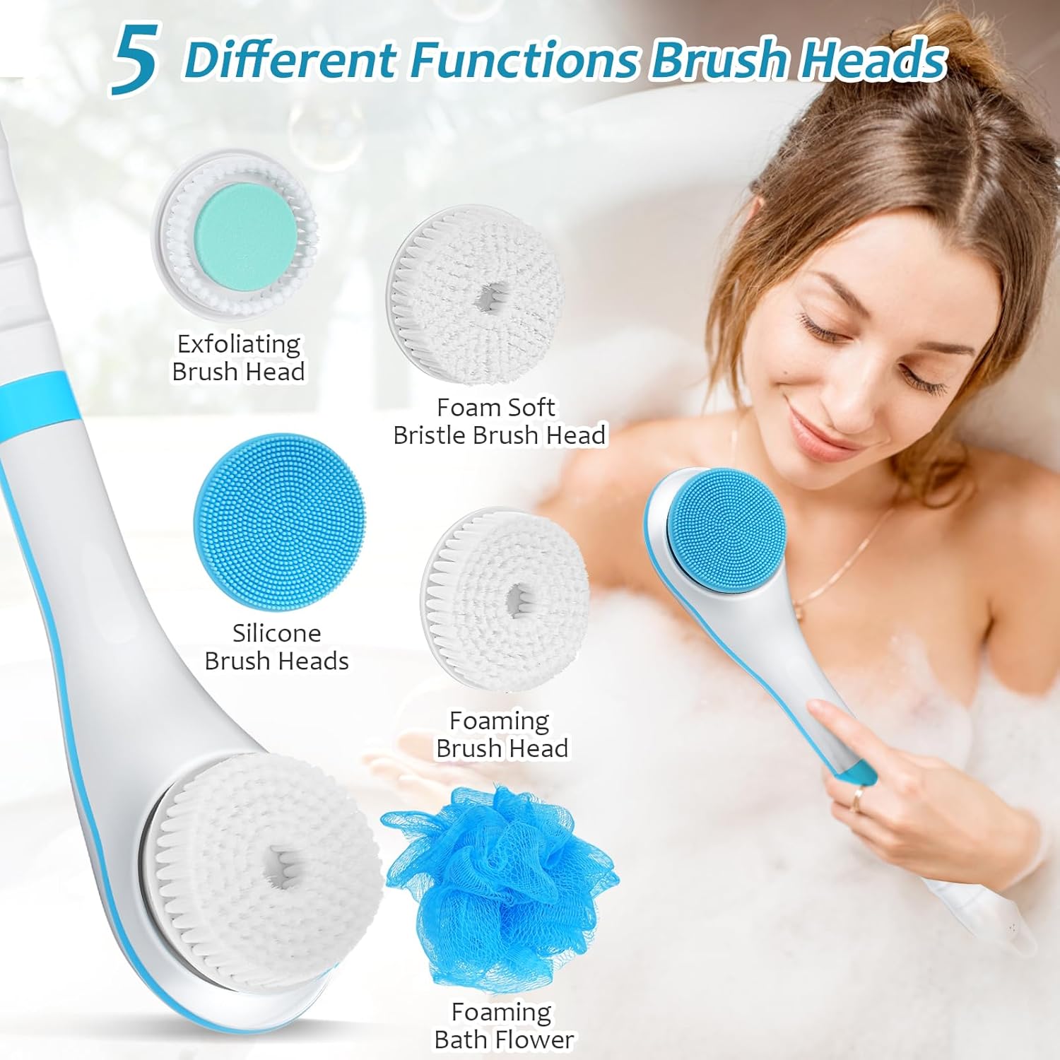 Electric Body Brush with Long Handle, Rechargeable Shower Back Scrubber