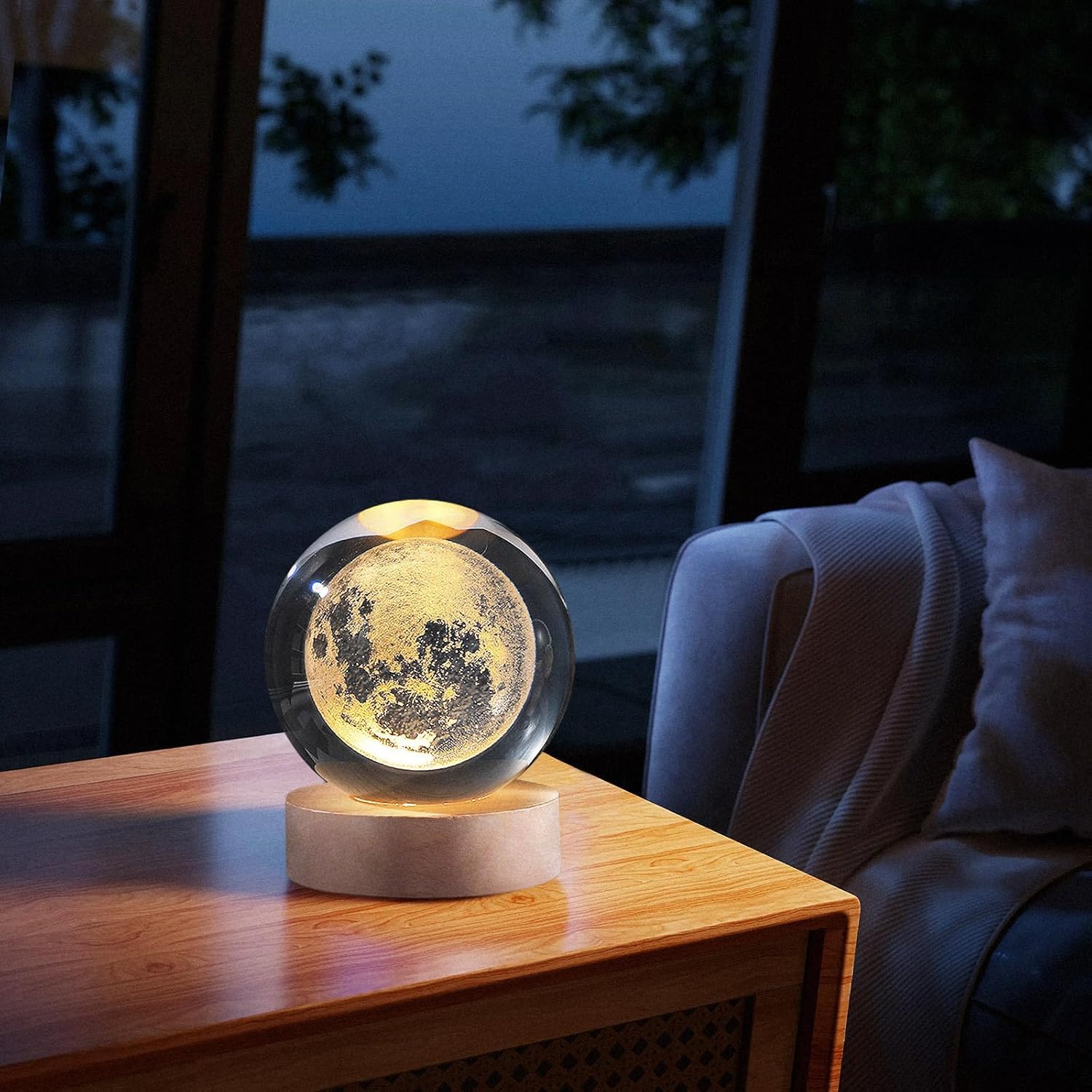 3D Crystal Ball Moon Lamp with Wooden LED Base