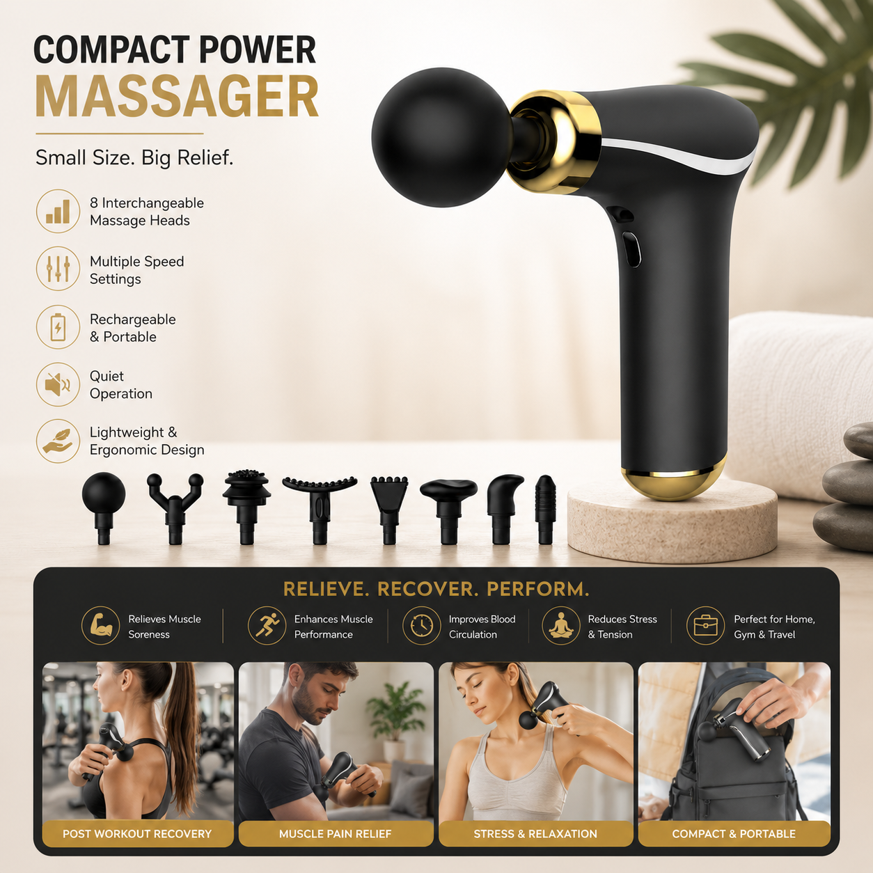 Deep Tissue Massage Gun with Brushless Motor, Type-C Fast Charging