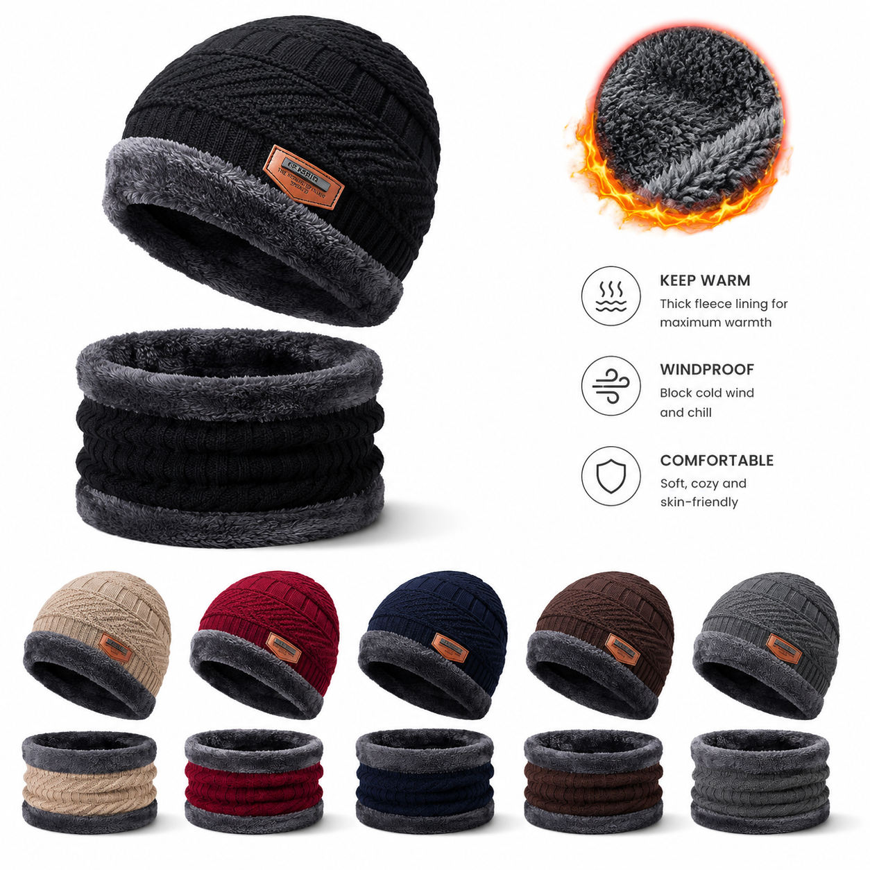 Winter Beanie Hat and Neck Warmer Set for Men & Women