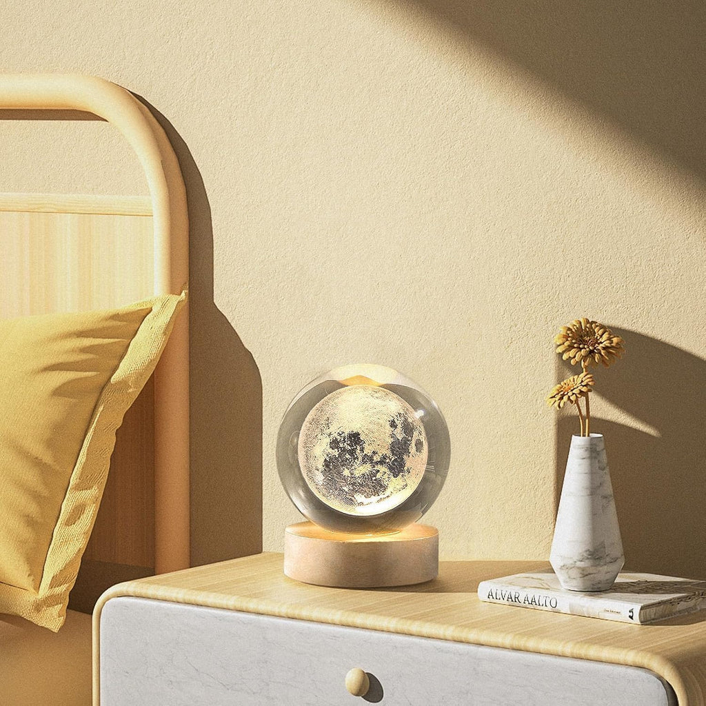 3D Crystal Ball Moon Lamp with Wooden LED Base