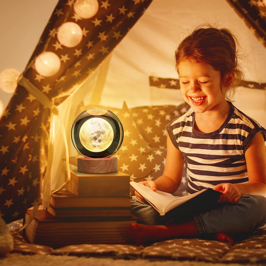 3D Crystal Ball Moon Lamp with Wooden LED Base