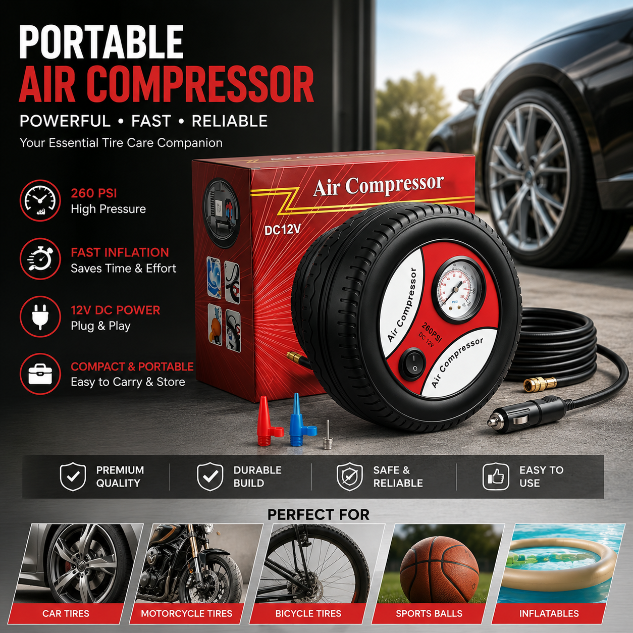 Portable 260 PSI DC 12V Electric Air Compressor Tire Inflator for Car