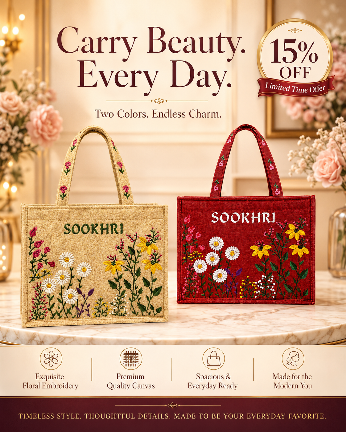 Bloom Carry Tote Bags | Floral Embroidery