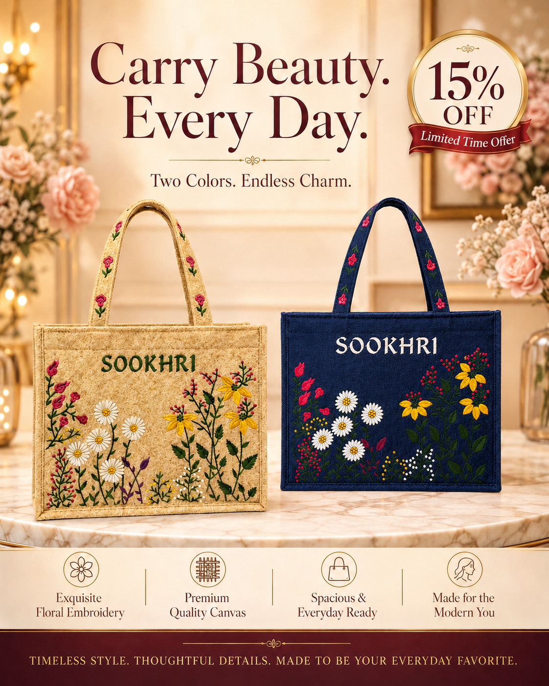 Bloom Carry Tote Bags | Floral Embroidery