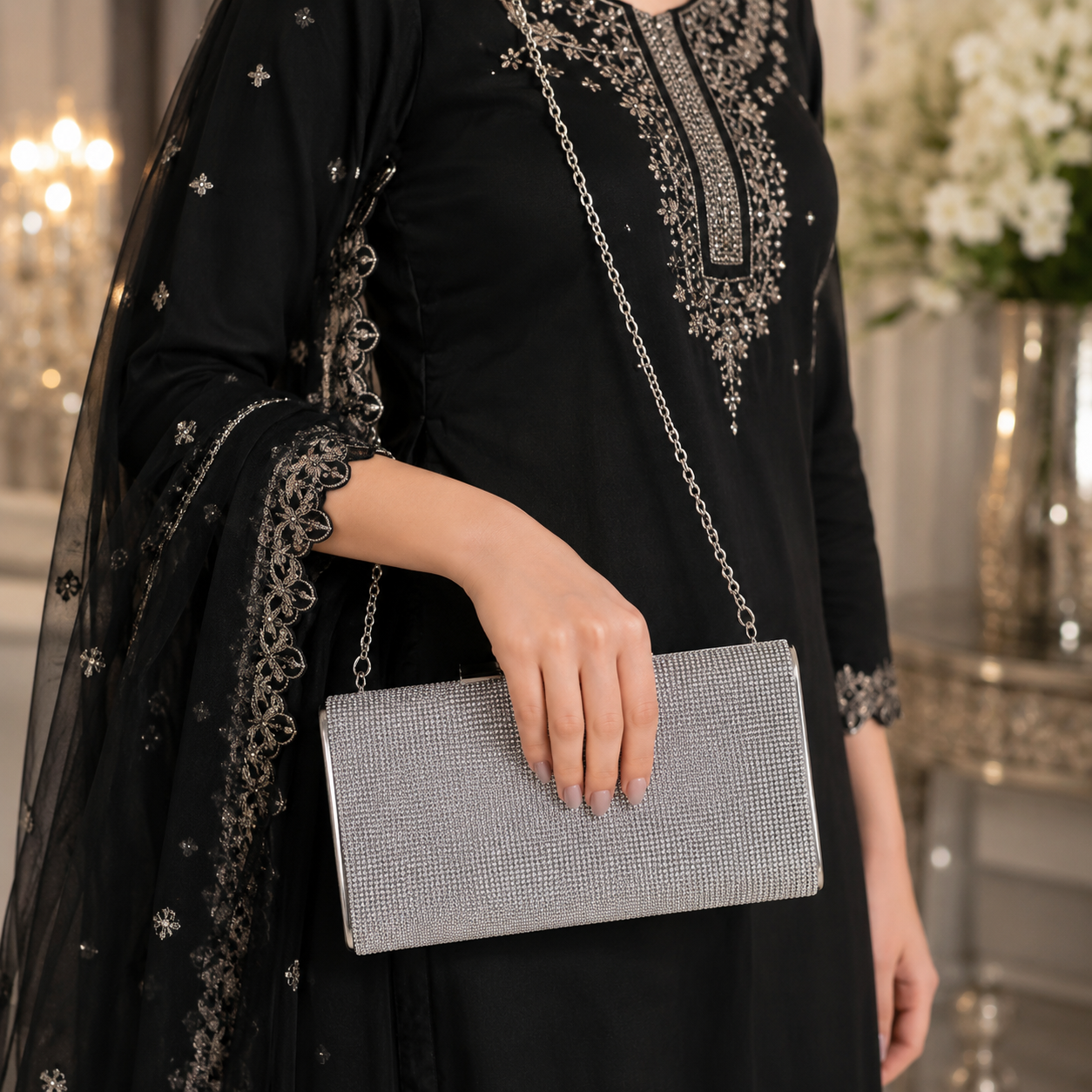 Silver Rhinestone Clutch Bag for Women | Elegant Evening Party Handbag