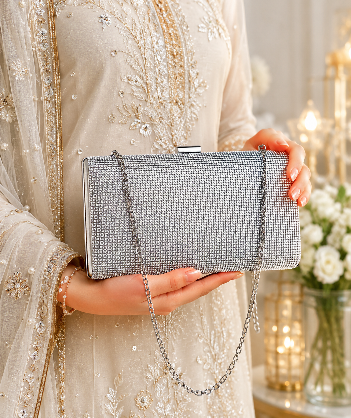 Silver Rhinestone Clutch Bag for Women | Elegant Evening Party Handbag