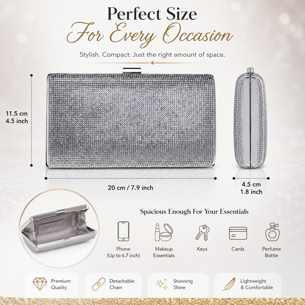 Silver Rhinestone Clutch Bag for Women | Elegant Evening Party Handbag
