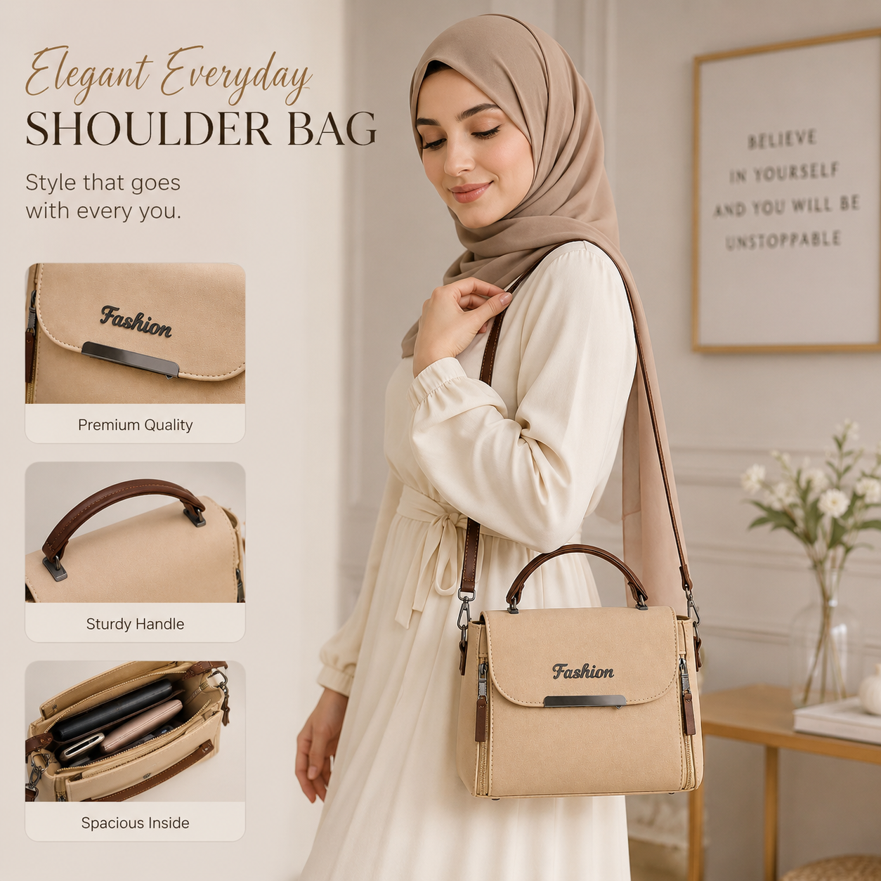 Women's Beige Leather Shoulder Bag with Top Handle – Elegant Everyday Handbag