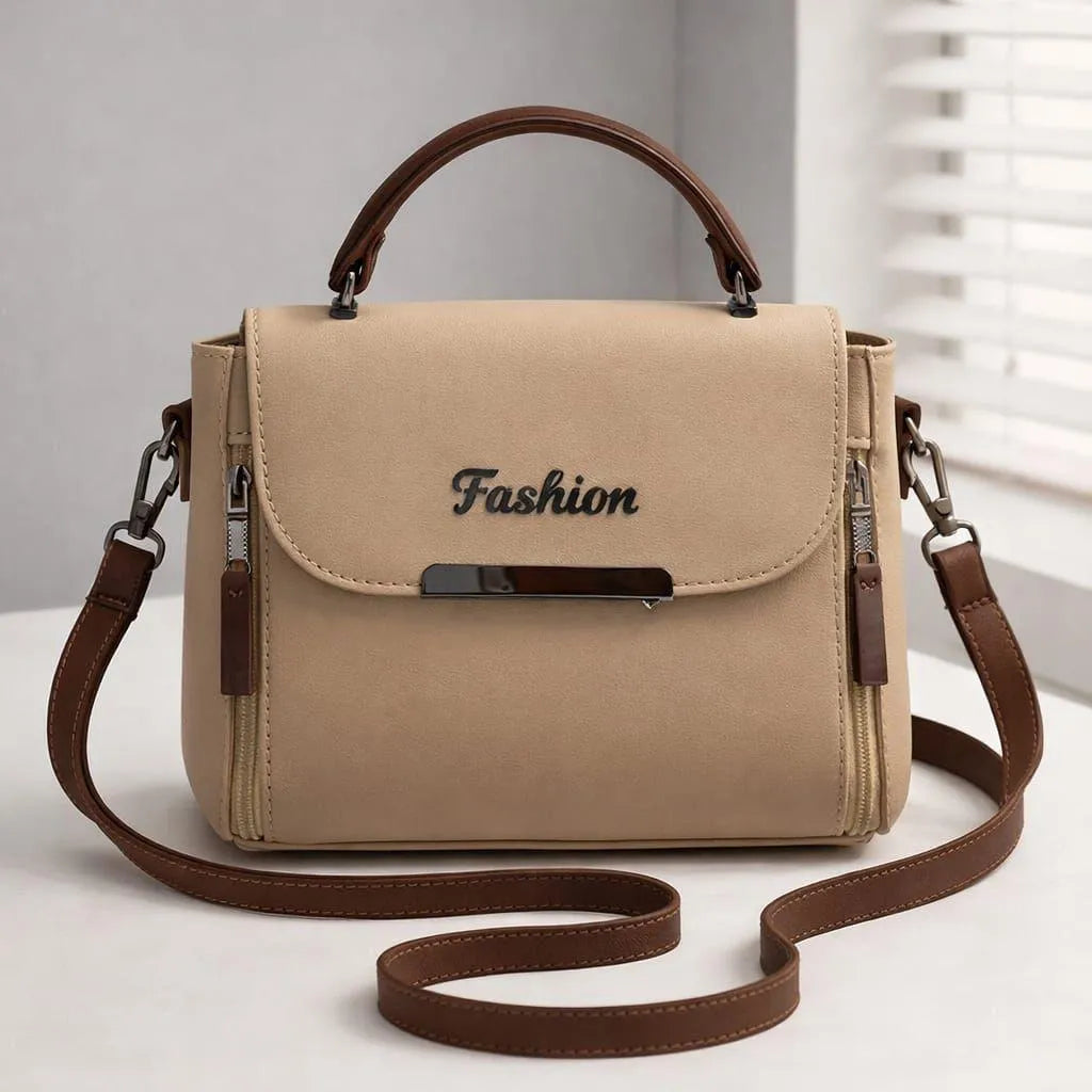 Women's Beige Leather Shoulder Bag with Top Handle – Elegant Everyday Handbag