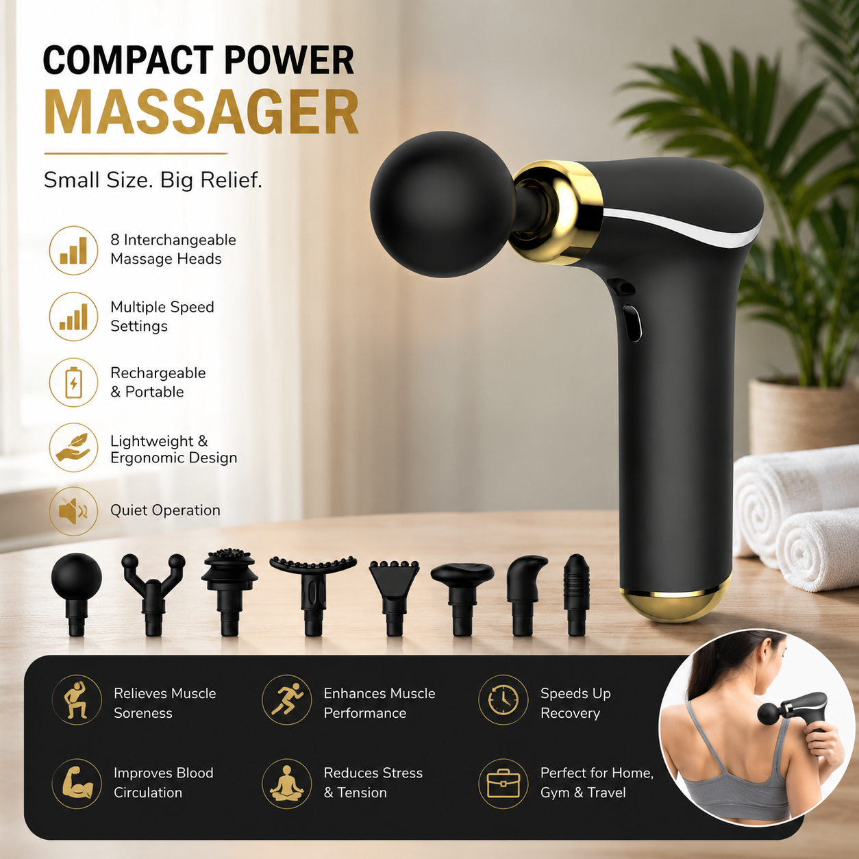 Deep Tissue Massage Gun with Brushless Motor, Type-C Fast Charging