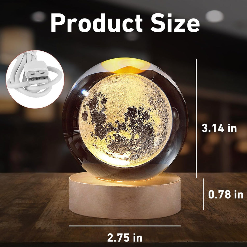 3D Crystal Ball Moon Lamp with Wooden LED Base