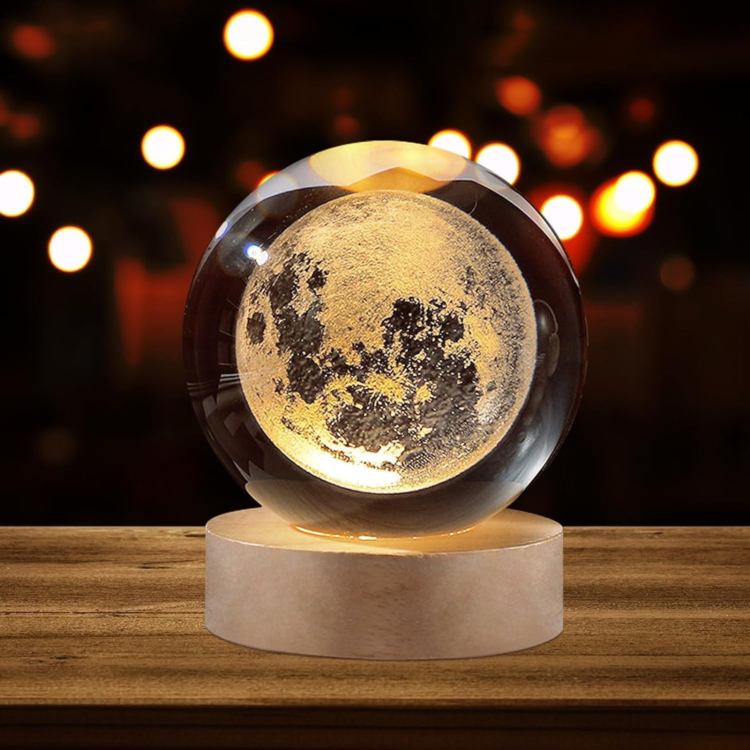 3D Crystal Ball Moon Lamp with Wooden LED Base